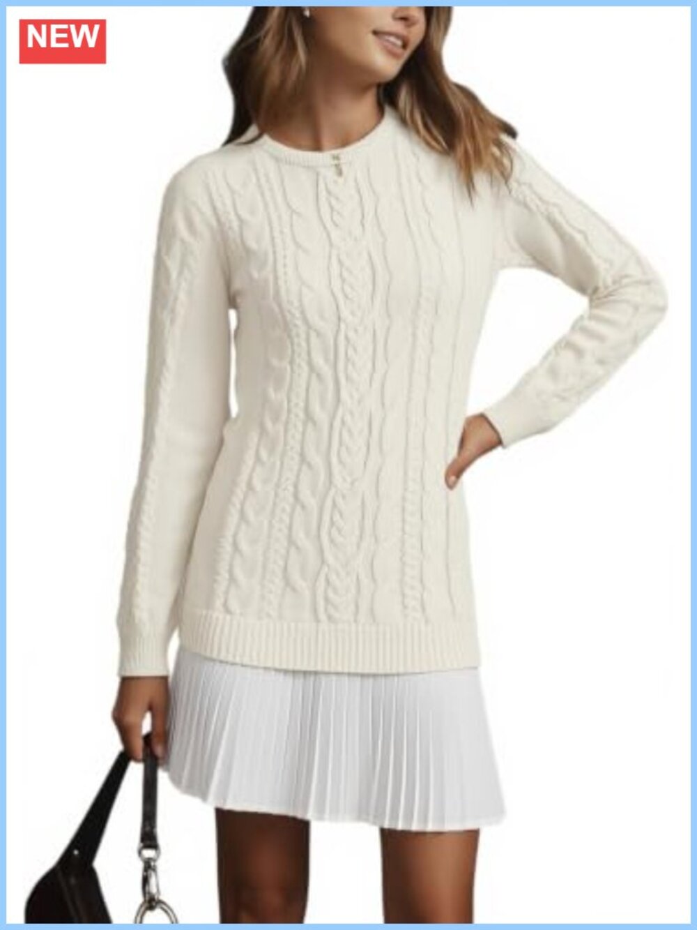 Cable Knit Sweater Dress Pleated Fall Mini Women Long Sleeve